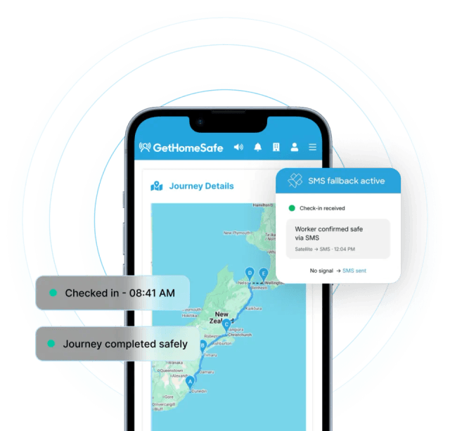 GetHomeSafe app showing a journey across New Zealand, with check-in and SMS fallback notifications