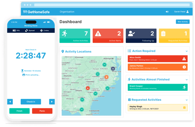 GetHomeSafe supervisor dashboard tracking utility workers across a United States map view