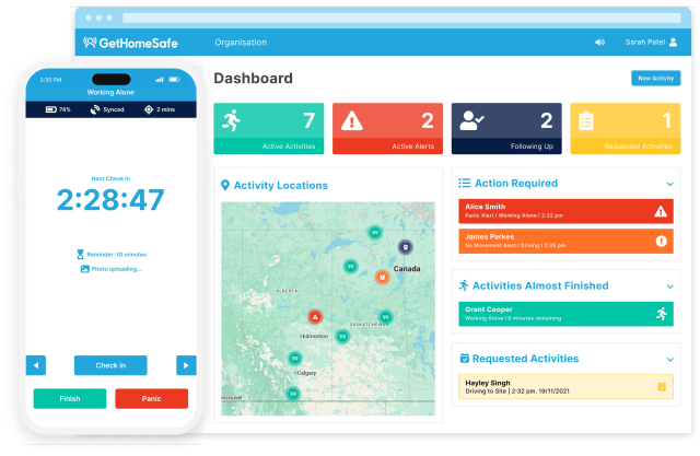 GetHomeSafe supervisor dashboard tracking utility workers across a Canada map view