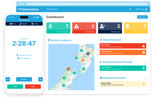 GetHomeSafe supervisor dashboard tracking utility workers across a New Zealand map view