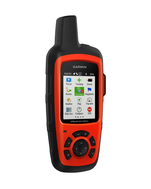 Garmin inReach Explorer+ handheld device showing the topographic map display