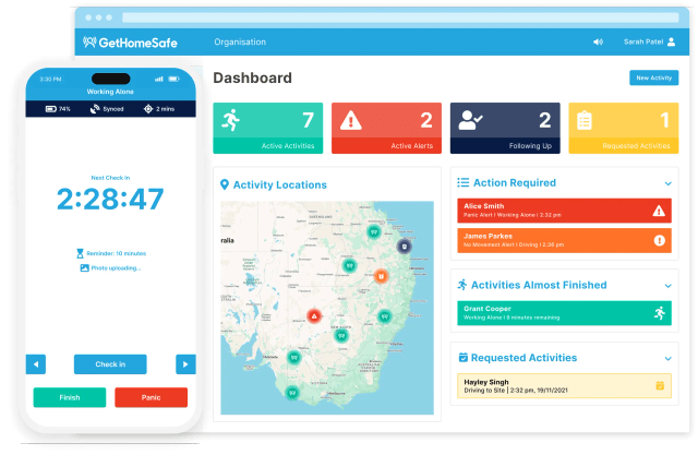GetHomeSafe supervisor dashboard tracking utility workers across an Australia map view