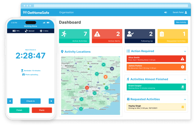 GetHomeSafe supervisor dashboard tracking utility workers across a United Kingdom map view