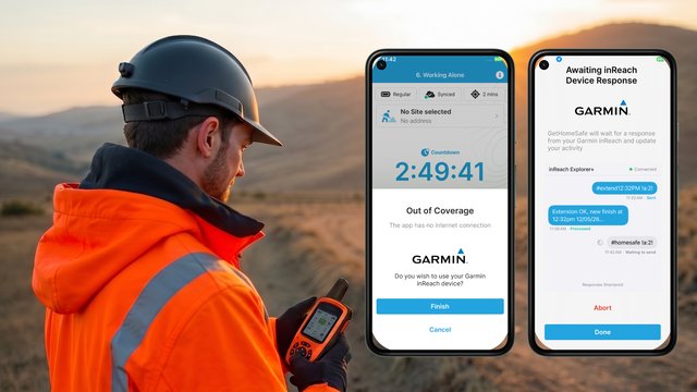 Lone worker in hi-vis and hard hat using the GetHomeSafe app and a Garmin inReach device in a remote field at dusk